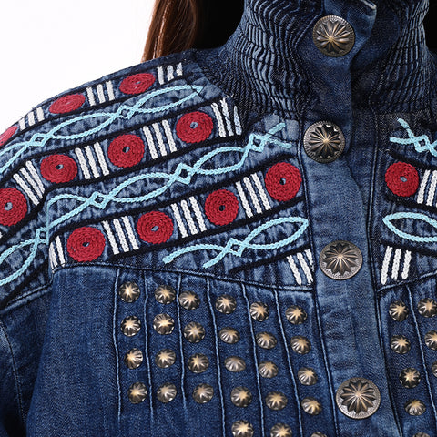 American Darling Boho Denim Tunic Aztec Smocked Studded Sleeve