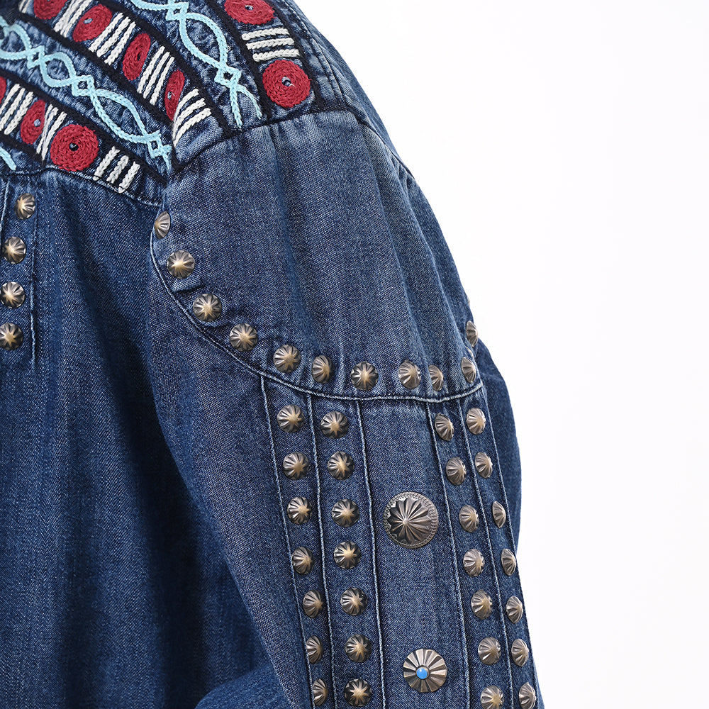 ADDR019 Women's Western Denim Tunic with Studded Sleeves & Tribal Embroidery