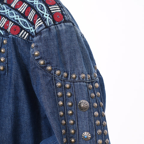 American Darling Boho Denim Tunic Aztec Smocked Studded Sleeve
