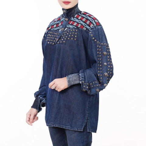 American Darling Boho Denim Tunic Aztec Smocked Studded Sleeve