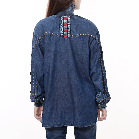 American Darling Boho Denim Tunic Aztec Smocked Studded Sleeve