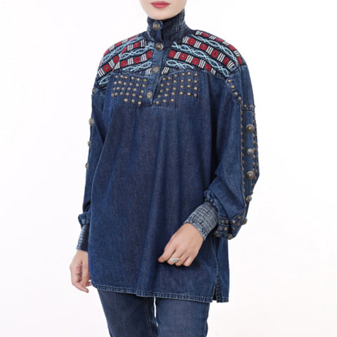 American Darling Boho Denim Tunic Aztec Smocked Studded Sleeve