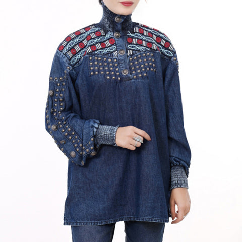 American Darling Boho Denim Tunic Aztec Smocked Studded Sleeve