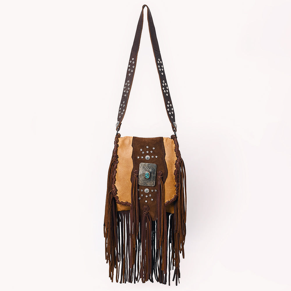 ADBGM483 Western Fringe Leather Messenger - Rectangular Turquoise Concho & Studded Strap