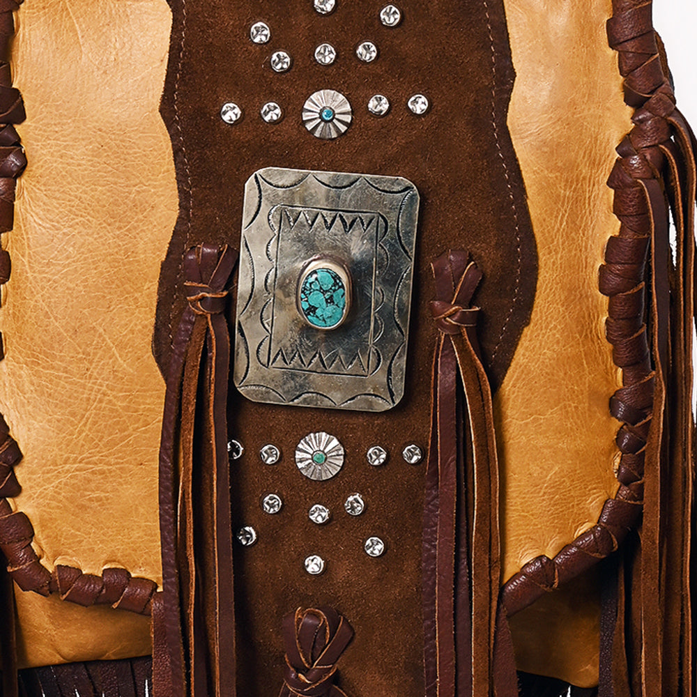ADBGM483 Western Fringe Leather Messenger - Rectangular Turquoise Concho & Studded Strap
