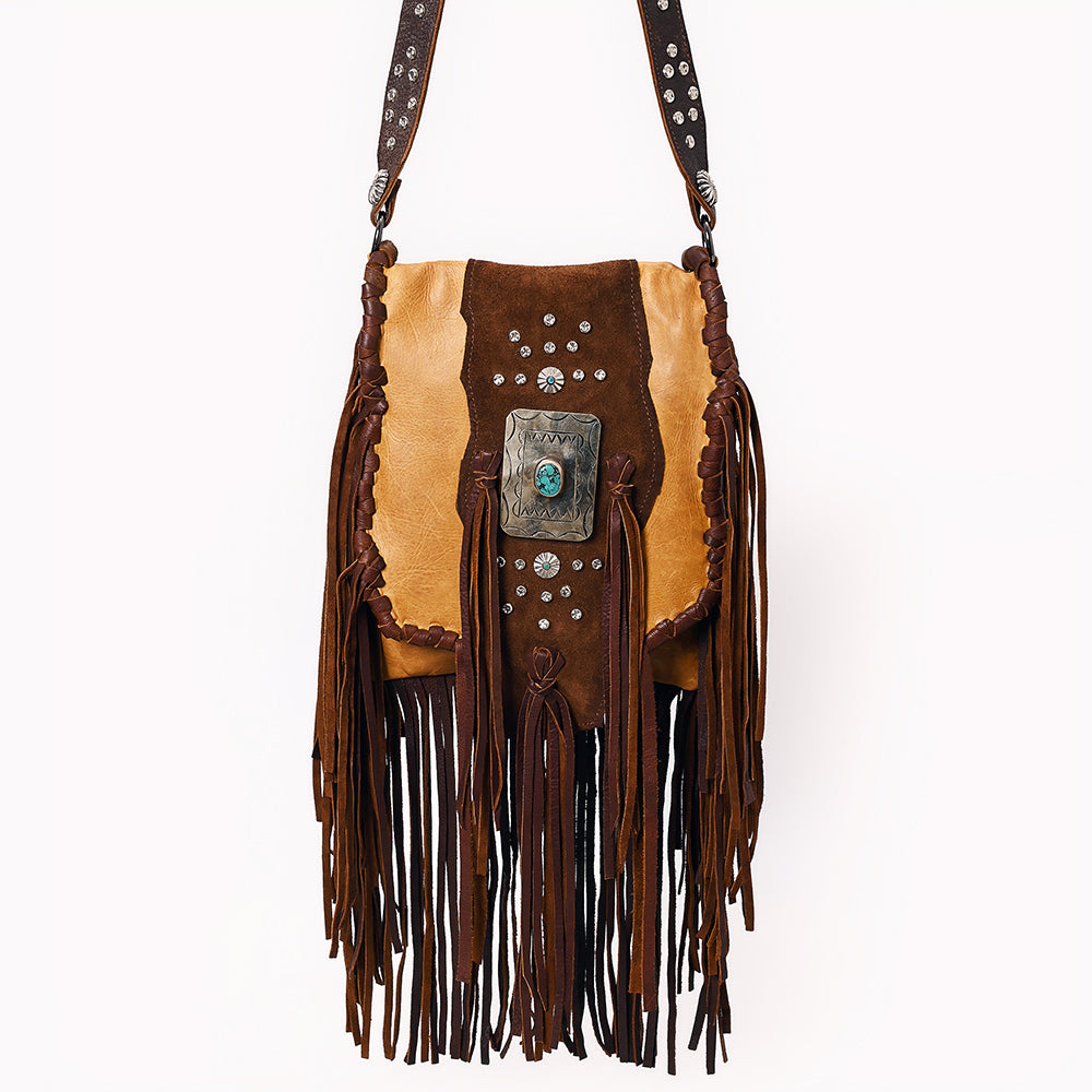 ADBGM483 Western Fringe Leather Messenger - Rectangular Turquoise Concho & Studded Strap