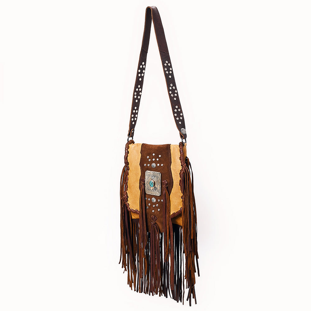 ADBGM483 Western Fringe Leather Messenger - Rectangular Turquoise Concho & Studded Strap