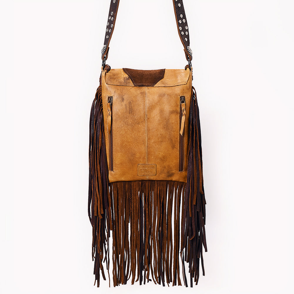 ADBGM483 Western Fringe Leather Messenger - Rectangular Turquoise Concho & Studded Strap