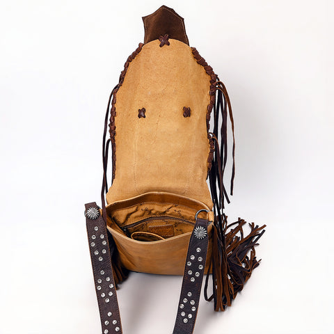 ADBGM483 Western Fringe Leather Messenger - Rectangular Turquoise Concho & Studded Strap