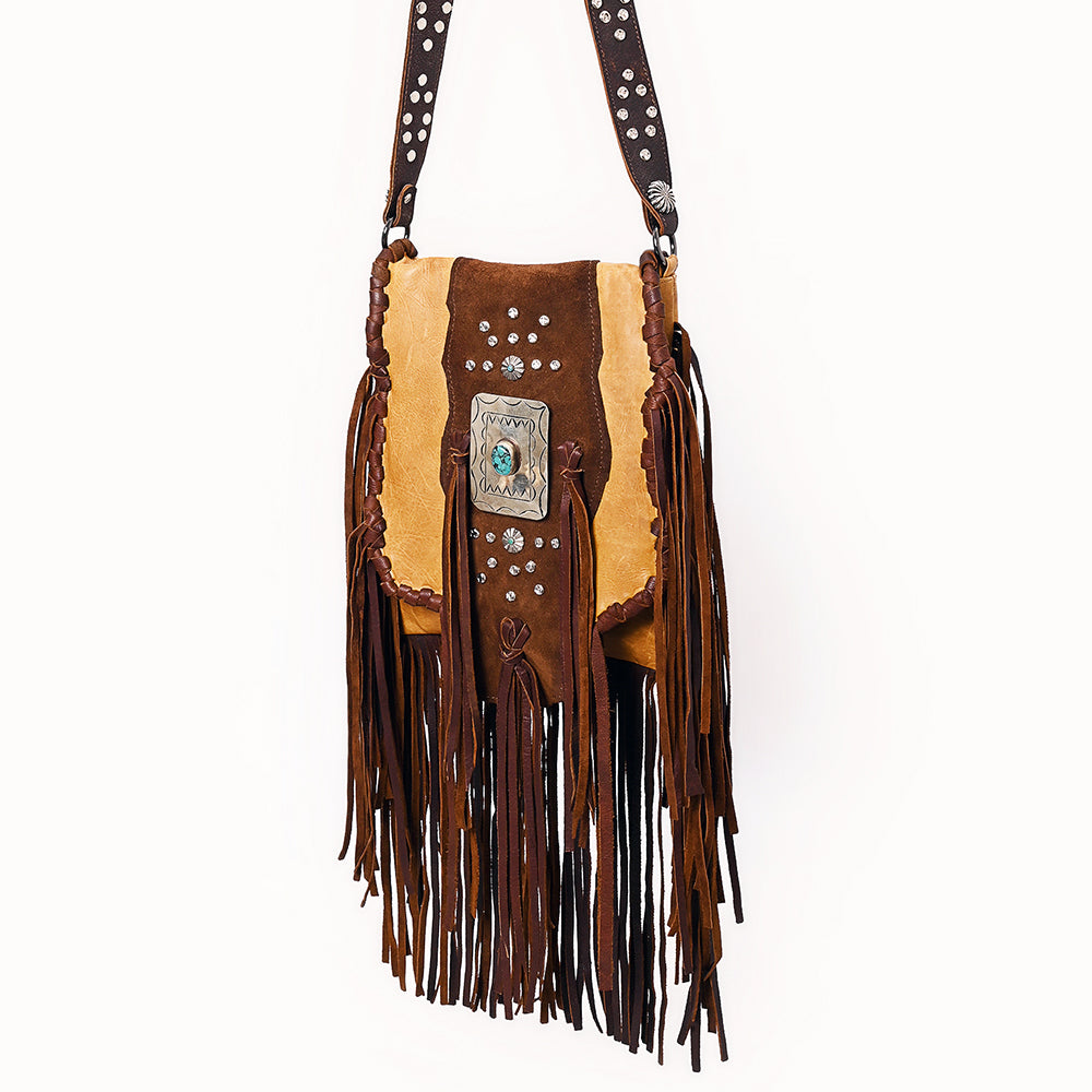 ADBGM483 Western Fringe Leather Messenger - Rectangular Turquoise Concho & Studded Strap