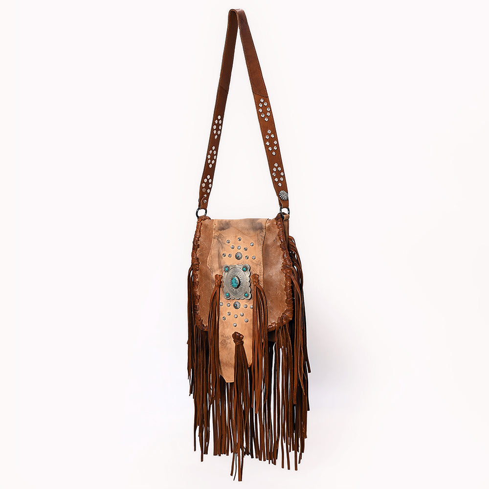 ADBGM485 Distressed Leather Fringe Messenger - Western Turquoise Concho & Studded Strap