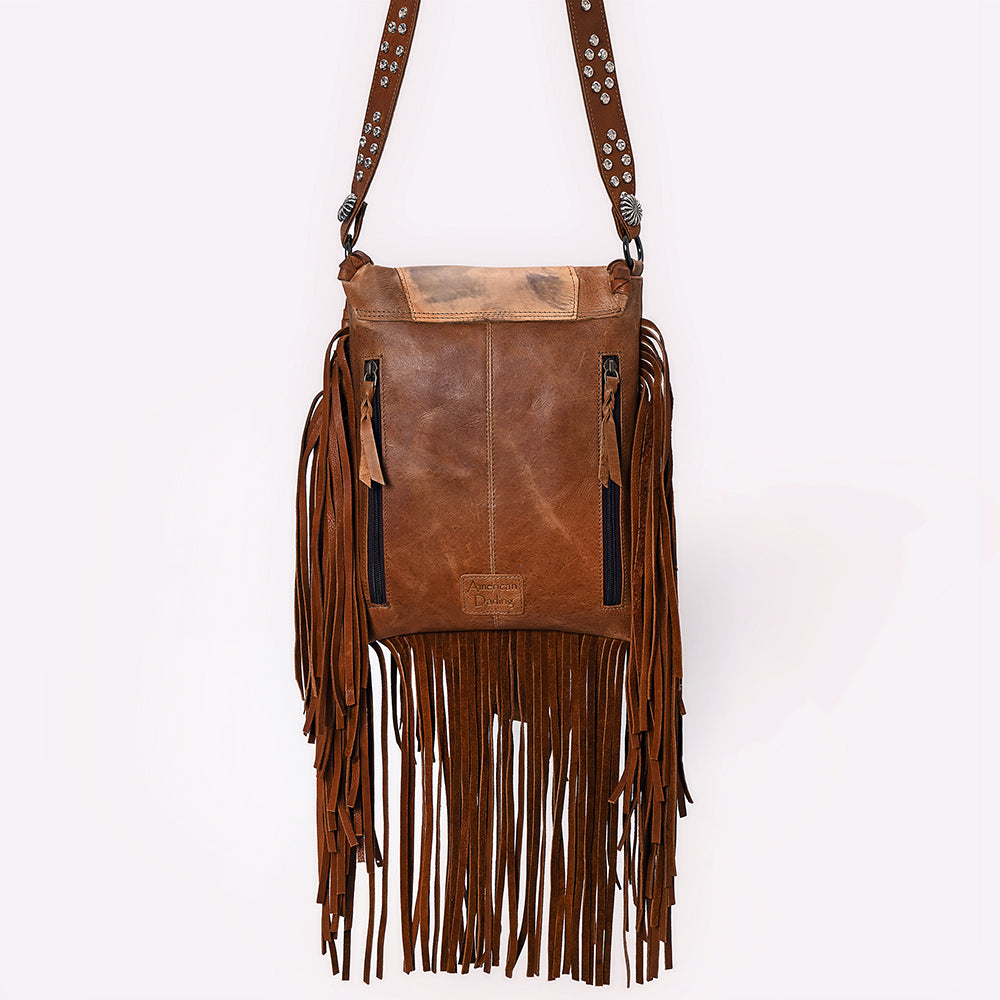 ADBGM485 Distressed Leather Fringe Messenger - Western Turquoise Concho & Studded Strap