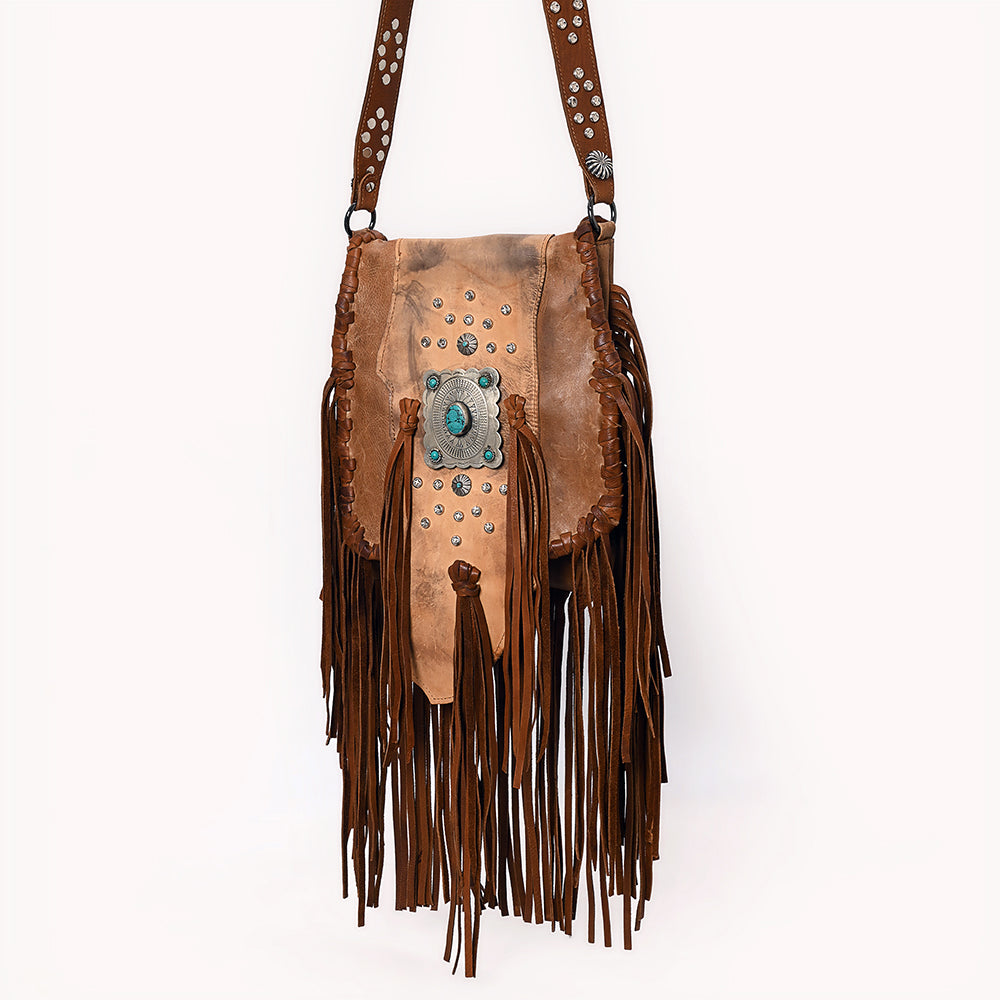 ADBGM485 Distressed Leather Fringe Messenger - Western Turquoise Concho & Studded Strap