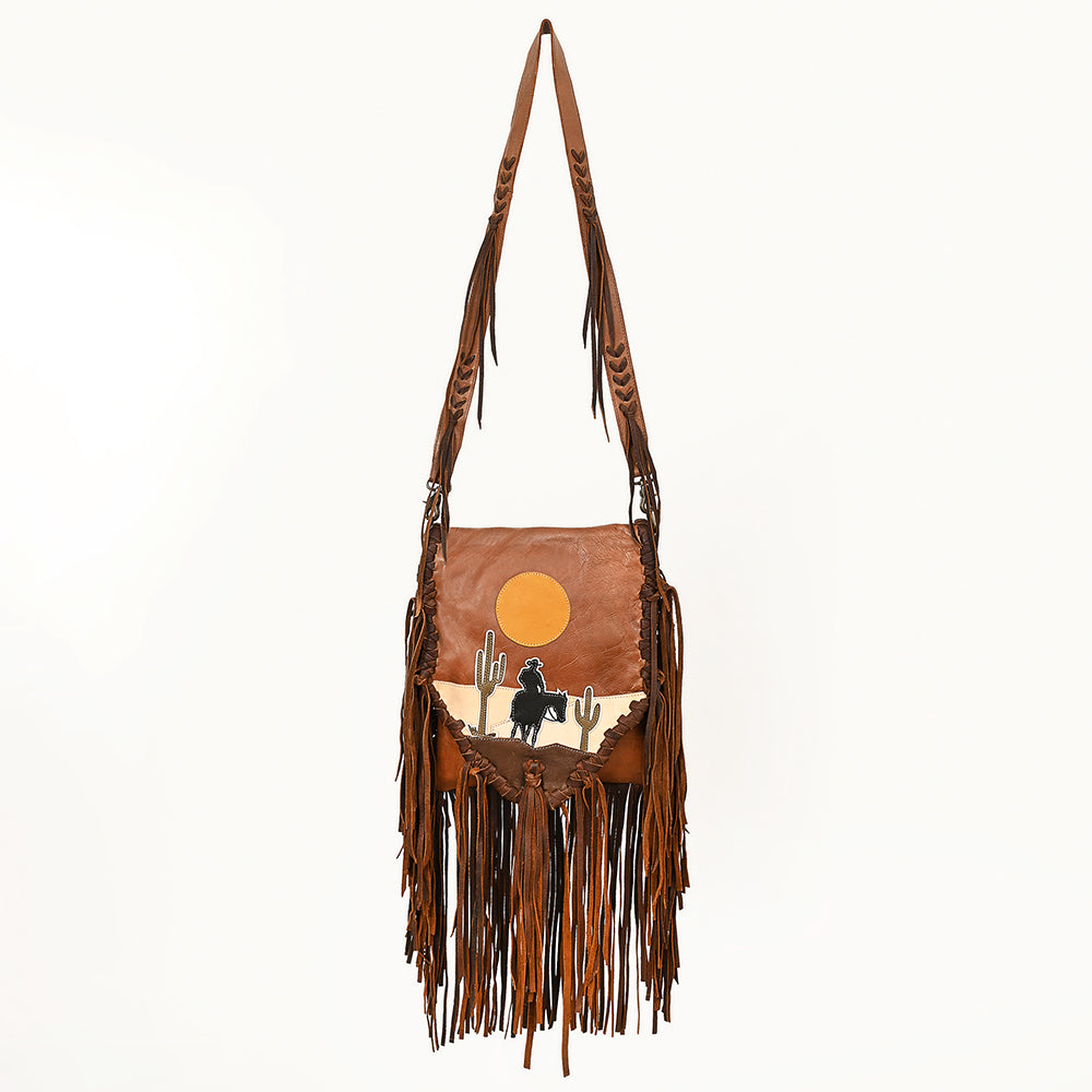 ADBGM486 Western Sunset Fringe Bag - Leather Messenger with Cowboy & Cactus Applique