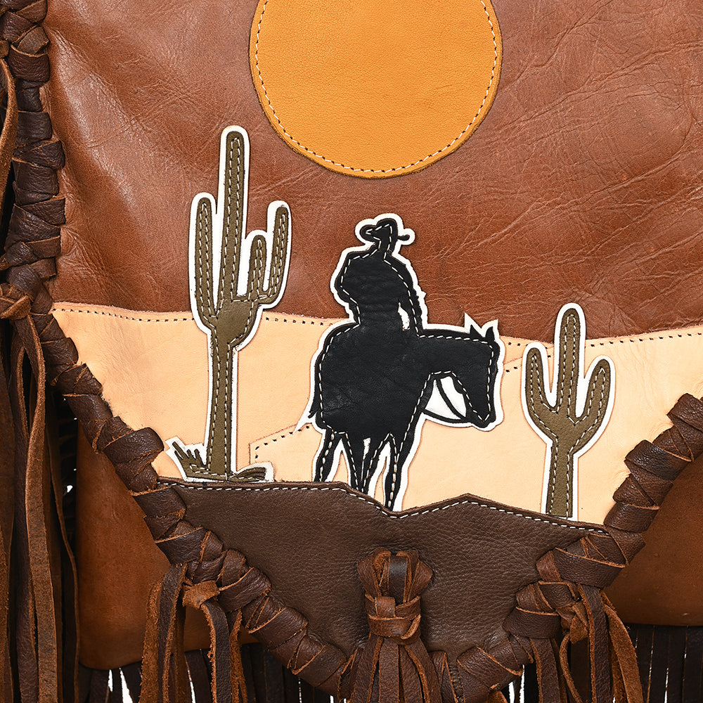 ADBGM486 Western Sunset Fringe Bag - Leather Messenger with Cowboy & Cactus Applique