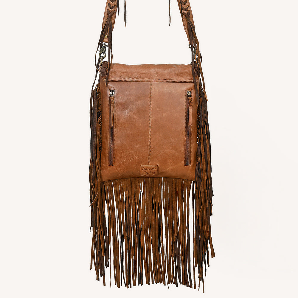 ADBGM486 Western Sunset Fringe Bag - Leather Messenger with Cowboy & Cactus Applique