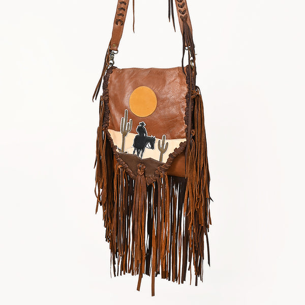 ADBGM486 Western Sunset Fringe Bag - Leather Crossbody with Cowboy & Cactus Applique