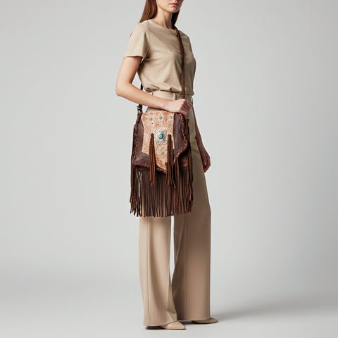 ADBGM487 Two-Tone Leather Fringe Messenger - Western Turquoise Concho & Braided Strap