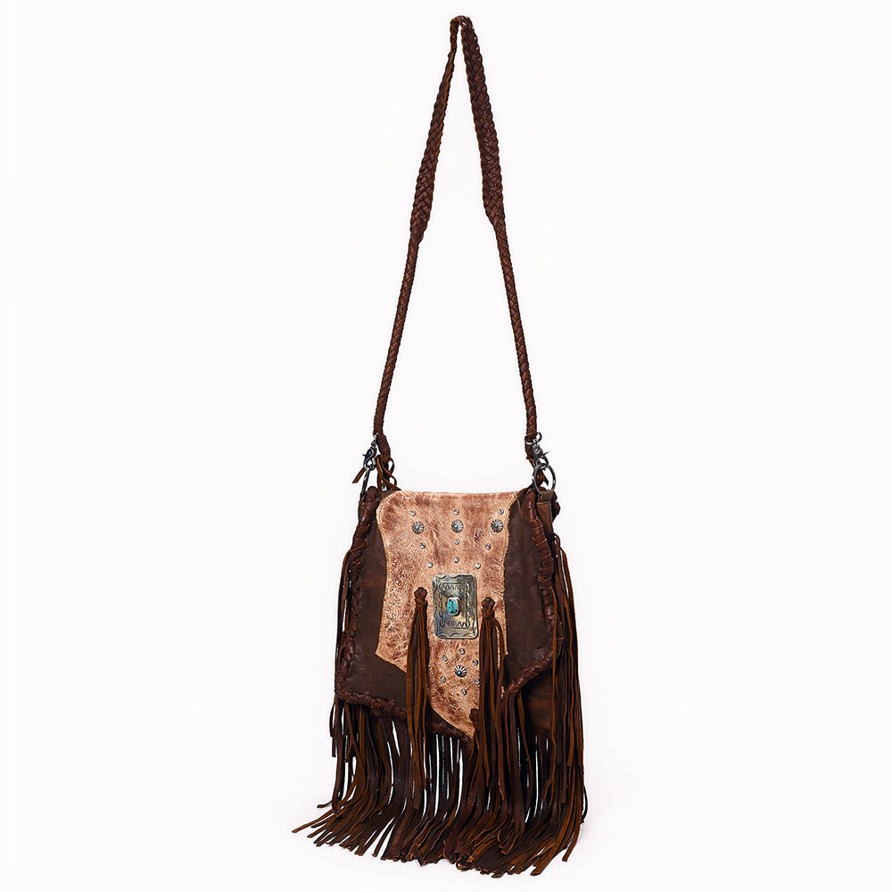ADBGM487 Two-Tone Leather Fringe Messenger - Western Turquoise Concho & Braided Strap