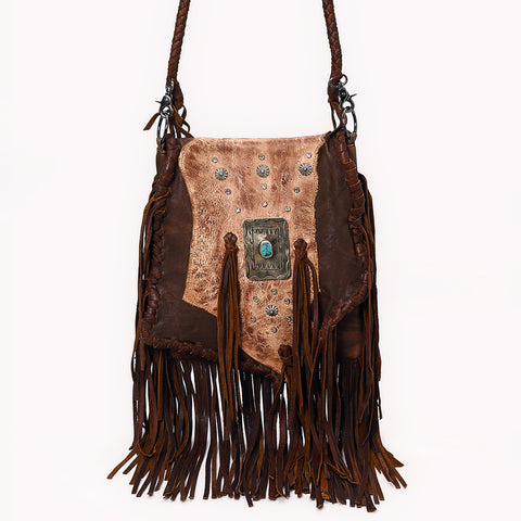 ADBGM487 Two-Tone Leather Fringe Messenger - Western Turquoise Concho & Braided Strap