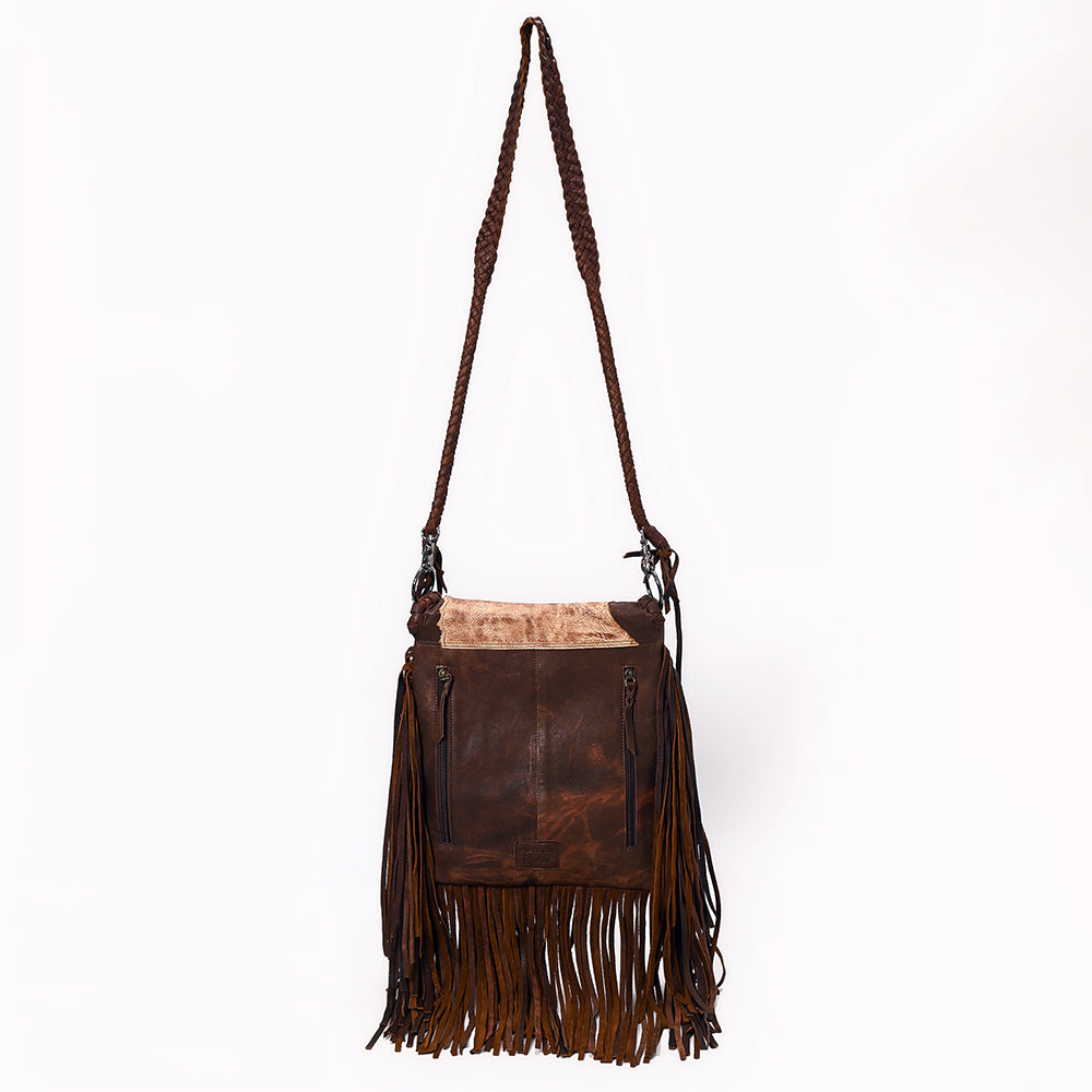 ADBGM487 Two-Tone Leather Fringe Messenger - Western Turquoise Concho & Braided Strap