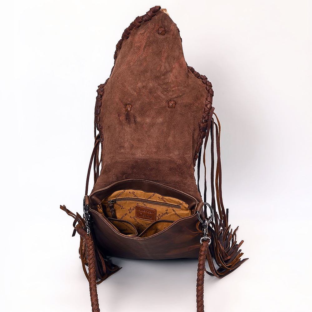 ADBGM487 Two-Tone Leather Fringe Messenger - Western Turquoise Concho & Braided Strap