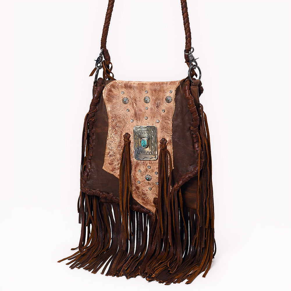 ADBGM487 Two-Tone Leather Fringe Messenger - Western Turquoise Concho & Braided Strap