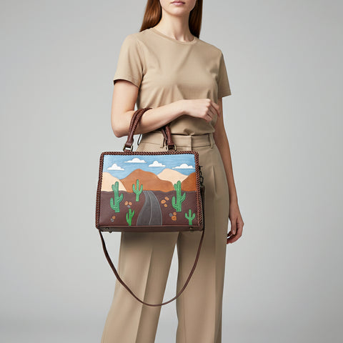 ADBGM489 Desert Road Applique Leather Tote - Western Cactus & Mountain Landscape Handbag