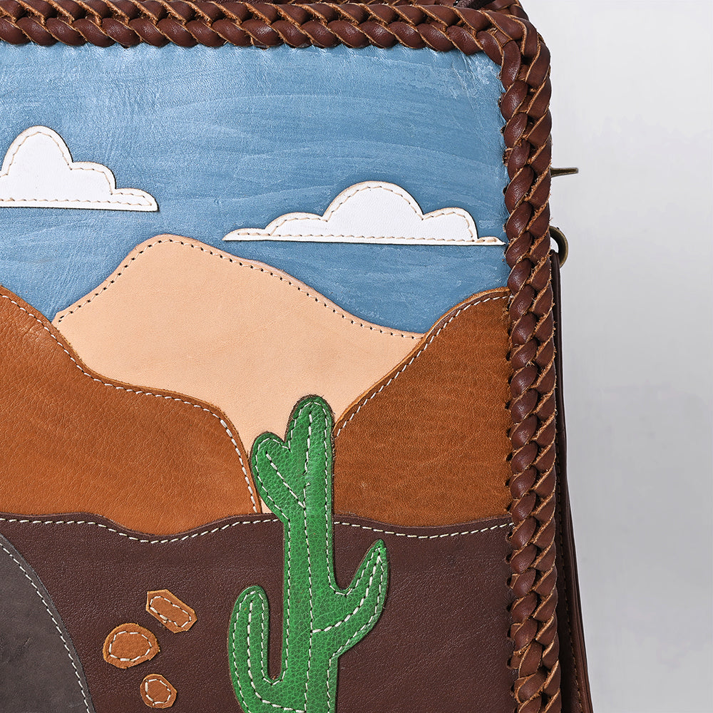 ADBGM489 Desert Road Applique Leather Tote - Western Cactus & Mountain Landscape Handbag