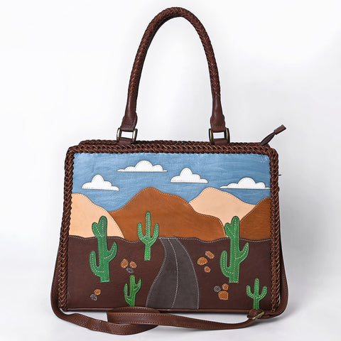 ADBGM489 Desert Road Applique Leather Tote - Western Cactus & Mountain Landscape Handbag