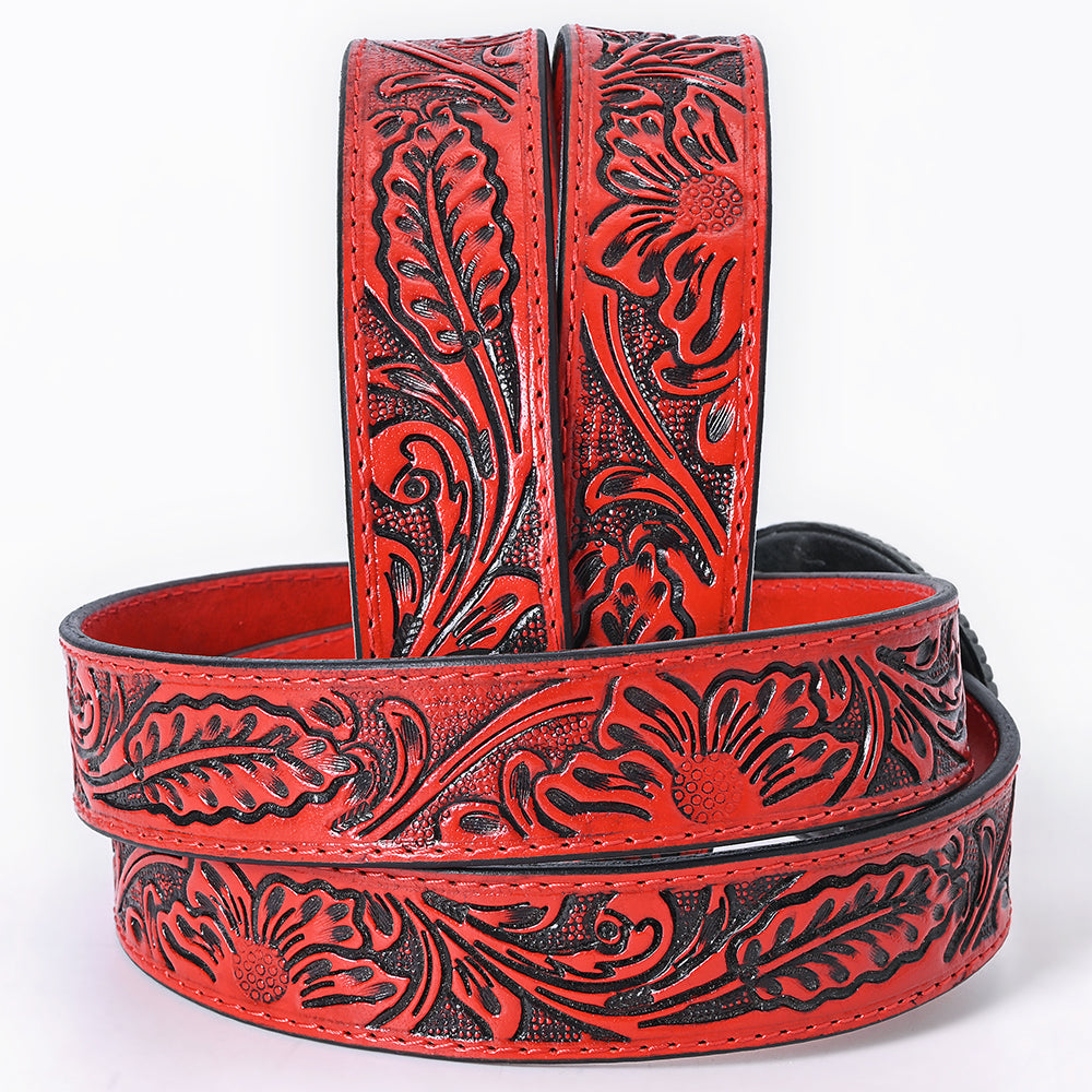 ADBL168 Red Floral Hand-Tooled Leather Belt with Western Oval Buckle