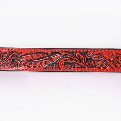 ADBL168 Red Floral Hand-Tooled Leather Belt with Western Oval Buckle