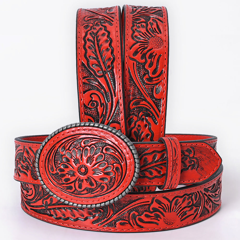 ADBL168 Red Floral Hand-Tooled Leather Belt with Western Oval Buckle