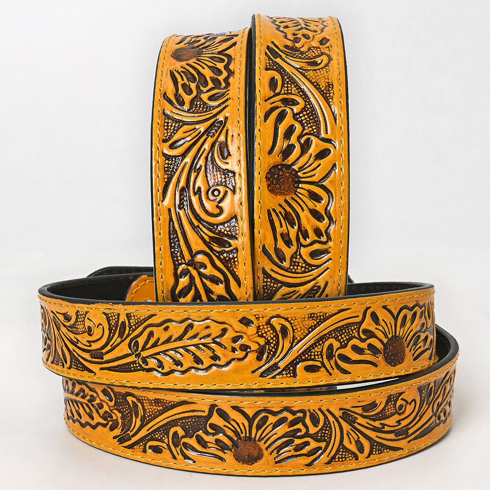ADBL170 Hand-Tooled Yellow Floral Western Leather Belt with Oval Buckle
