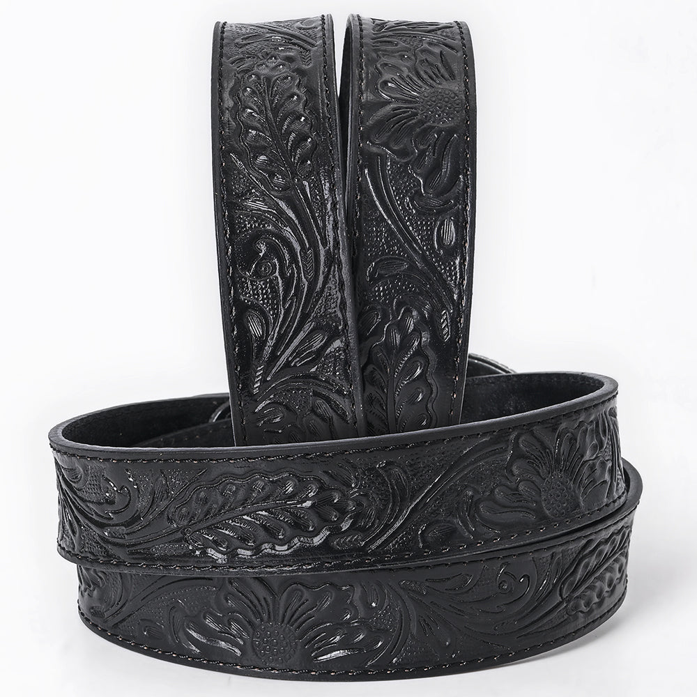 ADBL171 Hand-Tooled Black Floral Western Leather Belt with Oval Buckle