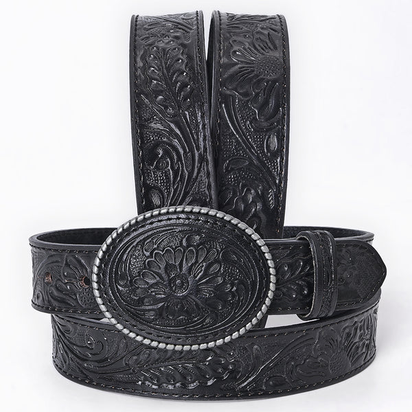 ADBL171 Hand-Tooled Black Floral Western Leather Belt with Oval Buckle