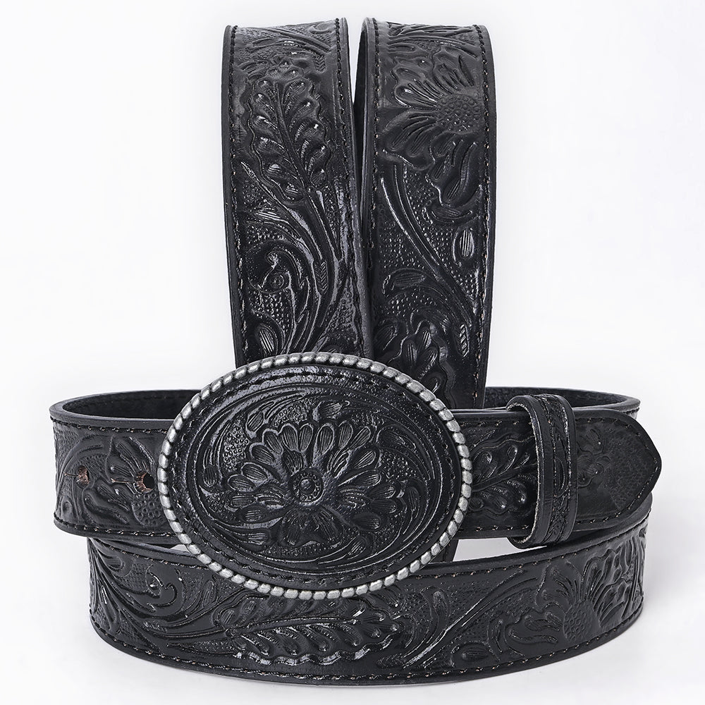 ADBL171 Hand-Tooled Black Floral Western Leather Belt with Oval Buckle