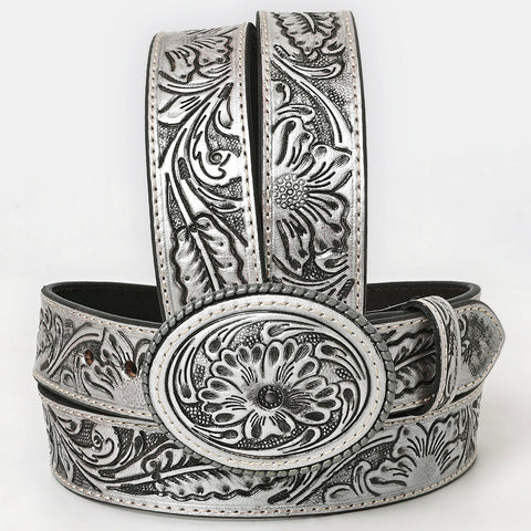 ADBL173 Hand-Tooled Silver Floral Western Leather Belt with Oval Buckle