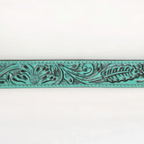 ADBL175 Hand-Tooled Turquoise Floral Western Leather Belt with Oval Buckle