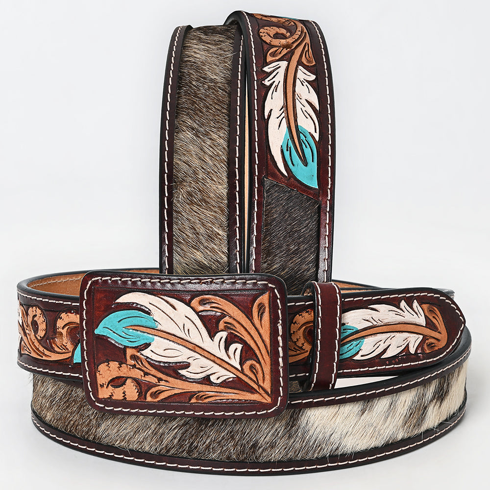 ADBLF268 Feather Tooled Leather Belt with Hair-On Hide Inlay and Turquoise Accents