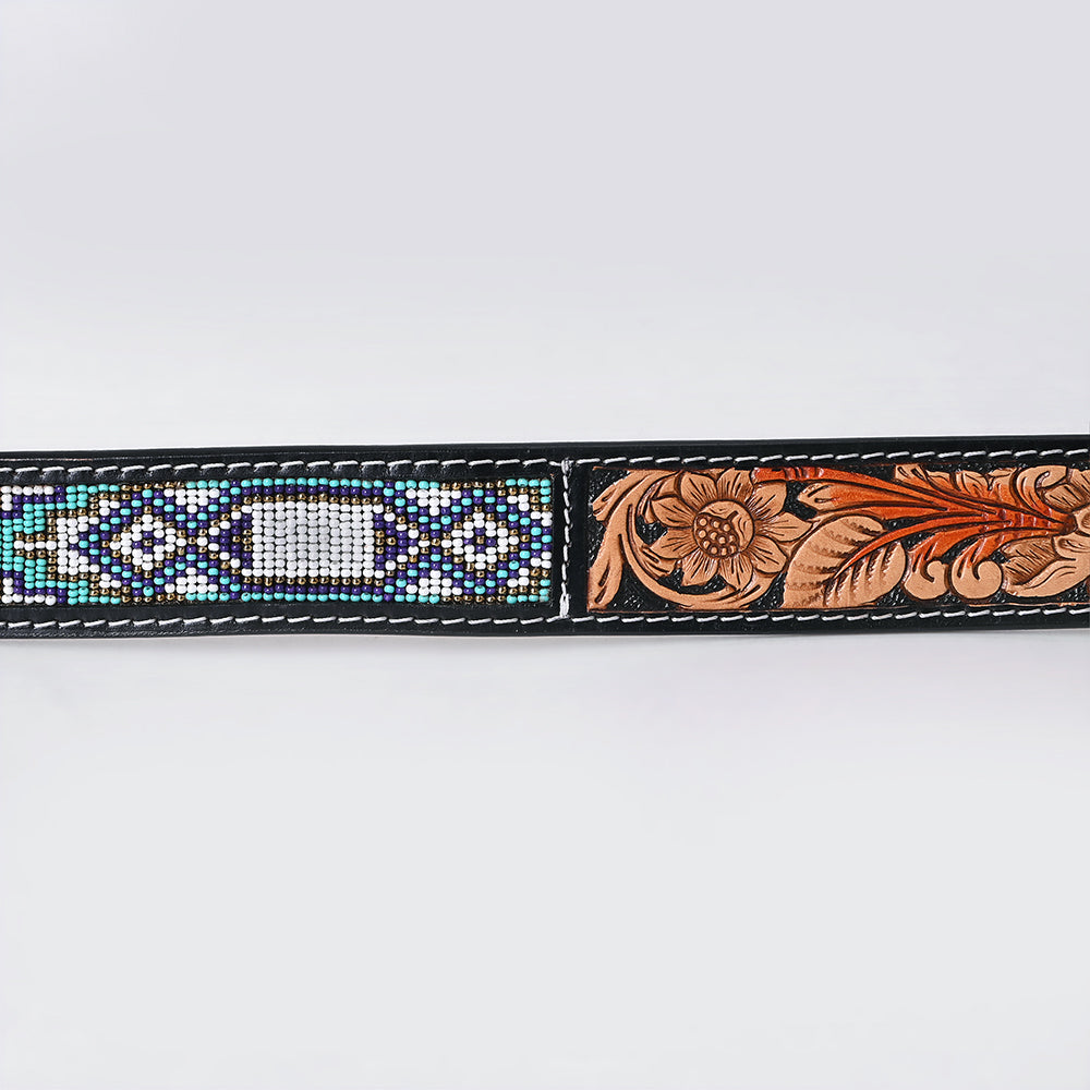 ADBLF270 Icy Turquoise Navajo Beaded Western Belt with Tooled Leather Buckle