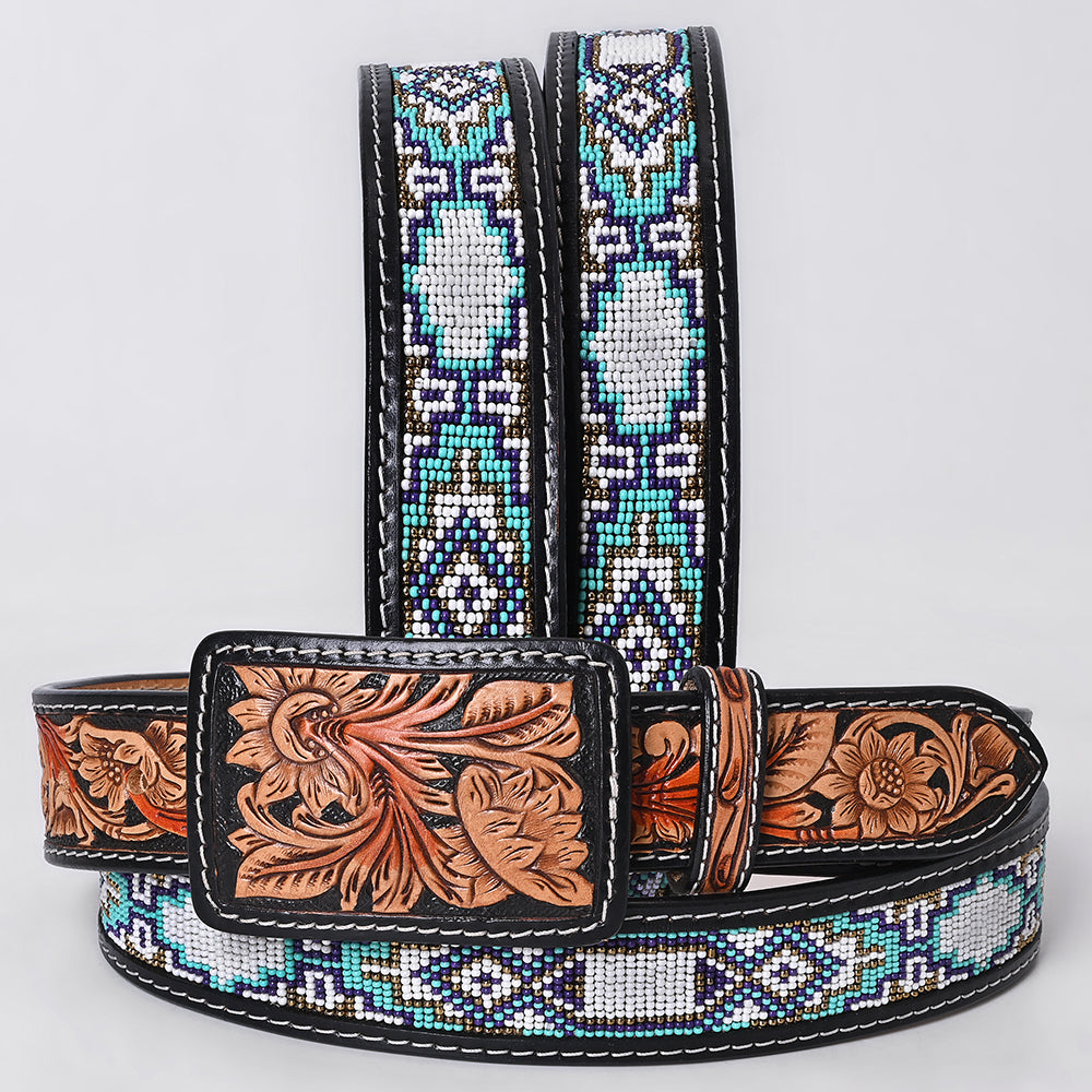 ADBLF270 Icy Turquoise Navajo Beaded Western Belt with Tooled Leather Buckle