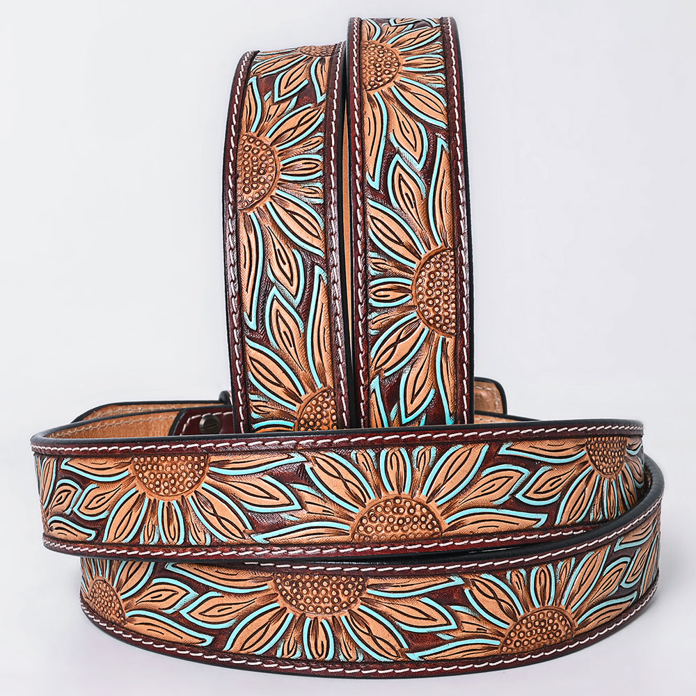 ADBLF273 Tooled Leather Western Belt - Oversized Sunflower Design with Turquoise Accents