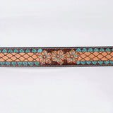 ADBLF274 Tooled Leather Western Belt - Lattice Floral Pattern with Turquoise Accents