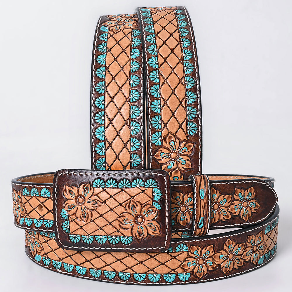 ADBLF274 Tooled Leather Western Belt - Lattice Floral Pattern with Turquoise Accents