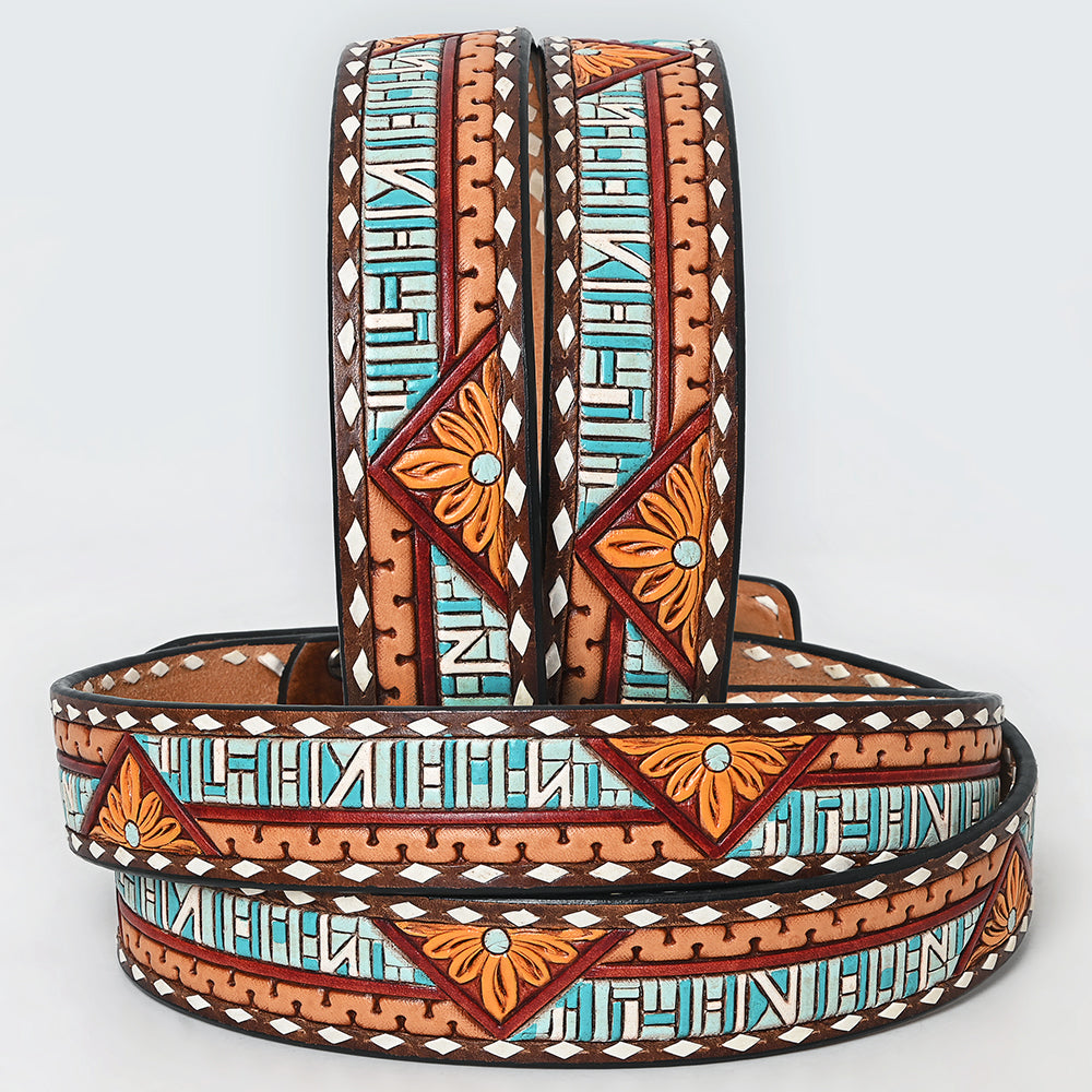 ADBLF275 Hand-Tooled Leather Belt - Southwestern Geometric & Floral Inlay Design