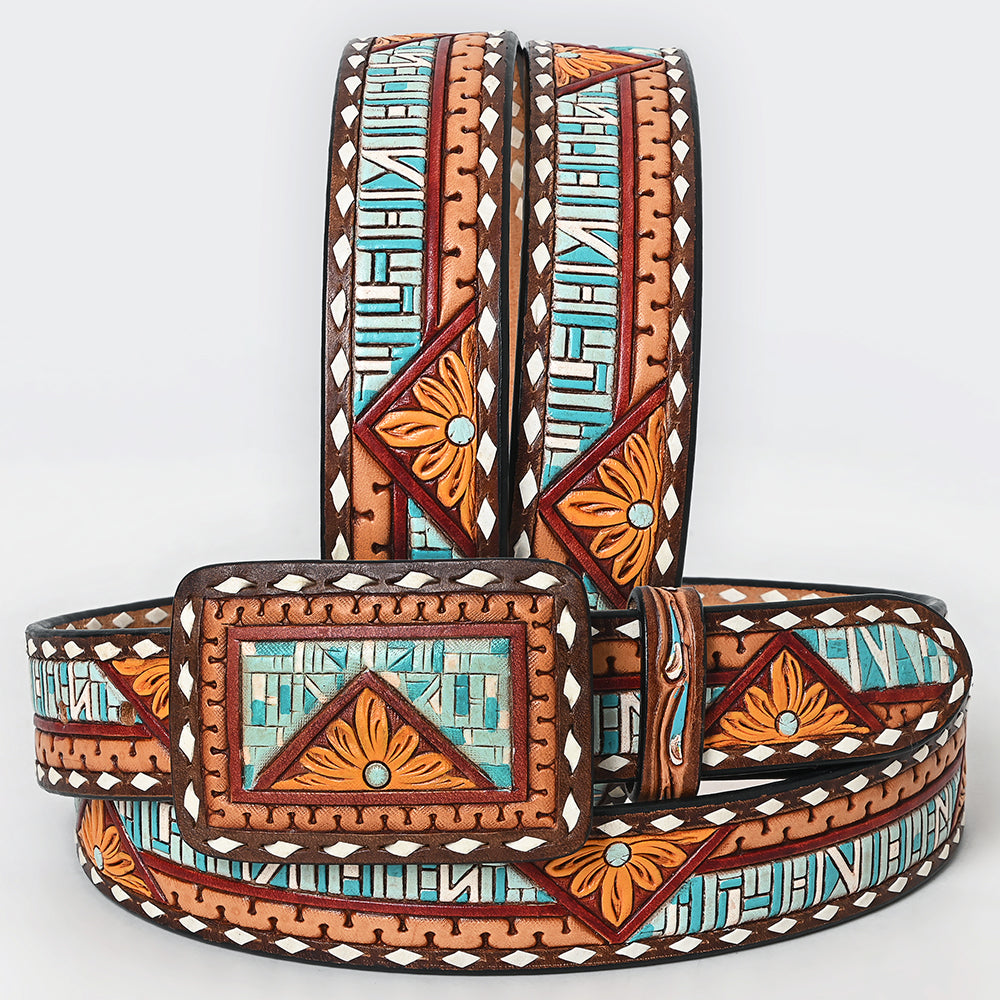 ADBLF275 Hand-Tooled Leather Belt - Southwestern Geometric & Floral Inlay Design