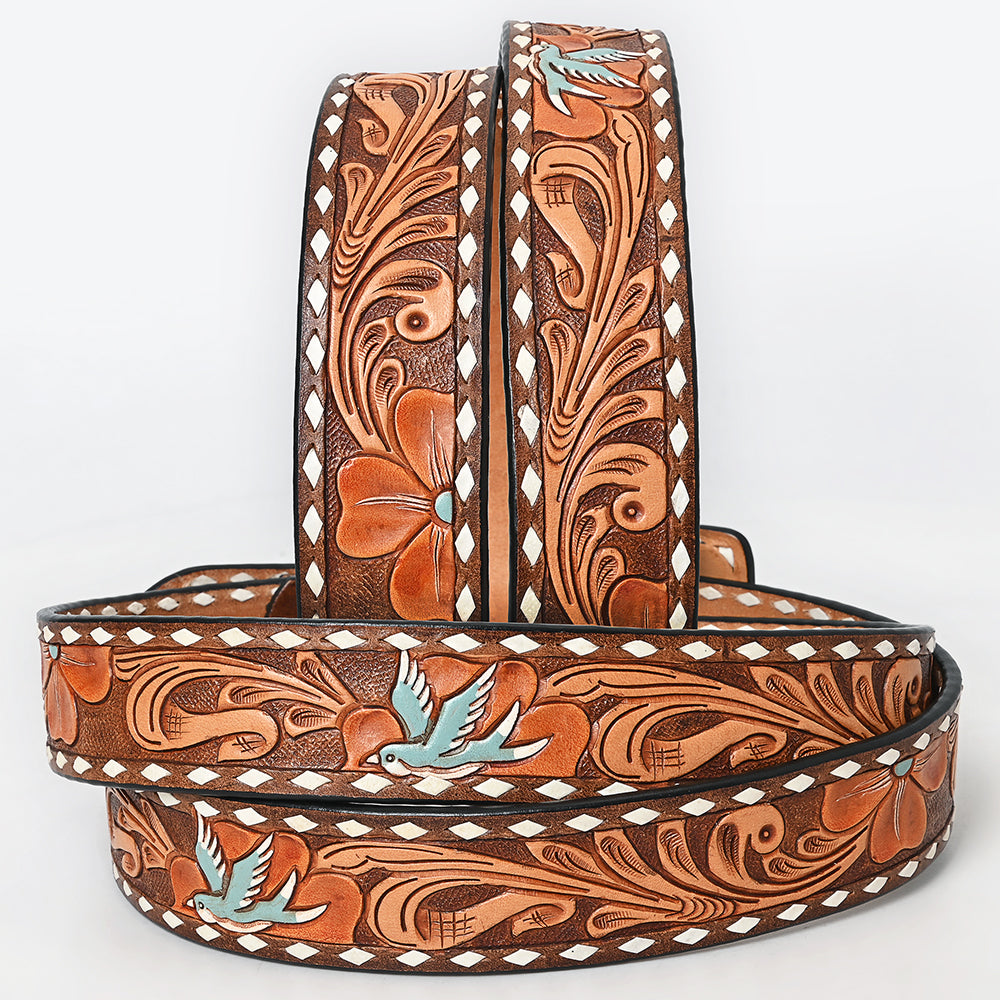 ADBLF276 Hand-Tooled Leather Belt - Flying Dove & Floral Western Design