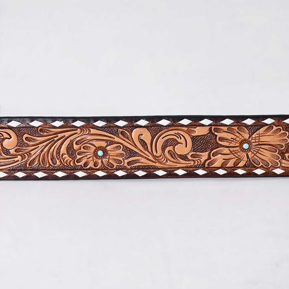 ADBLF277 Hand-Tooled Western Leather Belt - Vintage Floral with White Diamond Border with turquoise stud centers