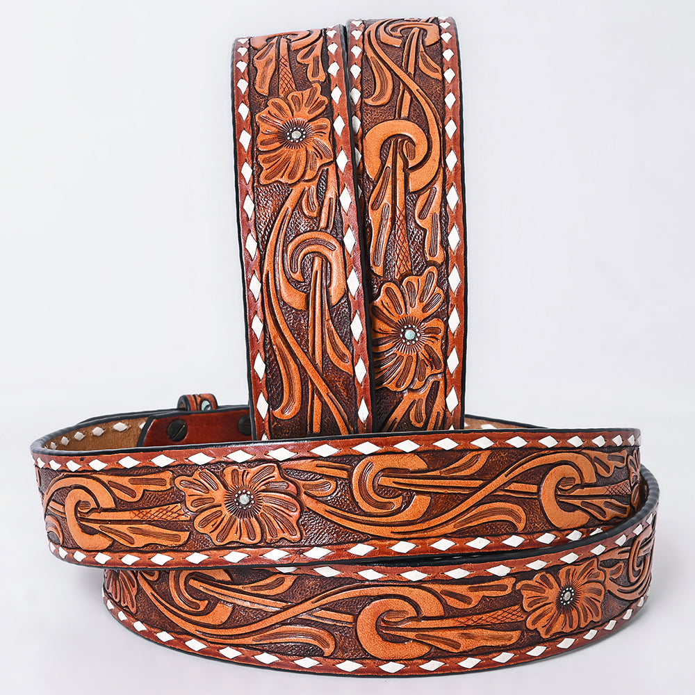 ADBLF278 Hand-Tooled Western Leather Belt - Floral Swirl with White Diamond Border